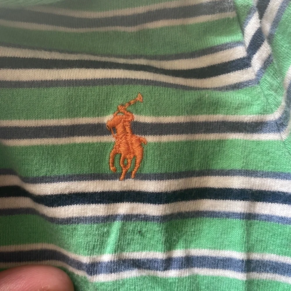 Ralph Lauren size 9 month, onesie, shorts, green, and blue, striped orange polo